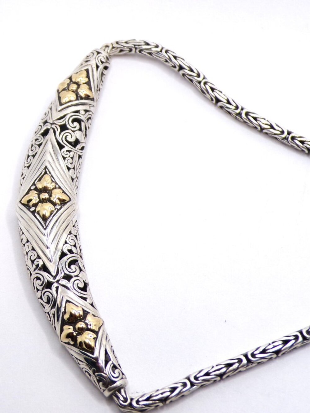925 Sterling Silver & 18K Gold Accents Byzantine Statement Necklace - Picture 5 of 11